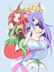  2girls blue_eyes bridal_gauntlets commentary_request duel_monster evigishki_merrowgeist headdress highres mermaid monster_girl multiple_girls nanashino_(nanasino101) own_hands_clasped own_hands_together photoshop_(medium) purple_hair puzzle_&amp;_dragons red_eyes red_hair shell shell_bikini siren_(p&amp;d) yu-gi-oh! 