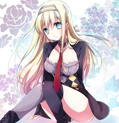  asymmetrical_legwear black_legwear blonde_hair blue_eyes boots breasts chigo cleavage commentary_request dress female floral_background flower hair_ornament hair_ribbon kamiyugi_ayase large_breasts long_hair looking_at_viewer mismatched_legwear necktie patterned_background ribbon sitting solo thighhighs z/x 