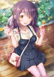  ahoge bag bag_charm bench black_skirt blush braid breasts brick_wall brown_eyes bush charm_(object) commentary_request day female flower food french_braid from_above hair_ornament handbag highres ice_cream ice_cream_cone jewelry large_breasts long_hair looking_at_viewer medium_hair necklace open_mouth original outdoors pink_thighhighs purple_hair sitting skirt solo sparkle spoon suspender_skirt suspenders suzumia_(daydream) thighhighs x_hair_ornament 