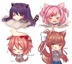  2017 absurd_res accessory animal_humanoid blush bodily_fluids bow_(feature) bow_accessory bow_ribbon canid canid_humanoid canine canine_humanoid cat_humanoid chibi clothed clothing crossbar_emanata crying digital_media_(artwork) dipstick_tail dog_humanoid doki_doki_literature_club! duo emanata felid felid_humanoid feline feline_humanoid female flying_sweatdrops fox_humanoid fur hair hair_accessory hair_ribbon hairbow hashtag hi_res humanoid long_hair looking_at_viewer mammal mammal_humanoid markings monika_(doki_doki_literature_club!) multicolored_tail multiple_images natsuki_(doki_doki_literature_club!) open_mouth petting pink_hair procyonid procyonid_humanoid purple_hair raccoon_humanoid ribbons sayori_(doki_doki_literature_club!) simple_background sleeping smile solo sound_effects striped_markings striped_tail stripes sweat sweatdrop tail tail_markings team_salvato tears temachii_(artist) vowelless vowelless_sound_effect white_background yuri_(doki_doki_literature_club!) zzz 