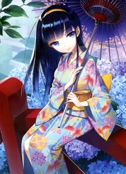  absurdres animal_print black_hair blue_eyes blue_hair blunt_bangs character_request dengeki_moeou female fish_print floral_print flower hairband highres hydrangea hydrangea_print japanese_clothes kimono leaf long_hair obi oil-paper_umbrella rain salt_(salty) sash scan sitting smile solo umbrella yukata 