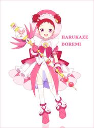  alternate_costume blush boots character_name commentary_request dodo_(ojamajo_doremi) earrings female hakusai_(tiahszld) harukaze_doremi hat jewelry ojamajo_doremi open_mouth pink_hat red_hair smile solo staff weapon 