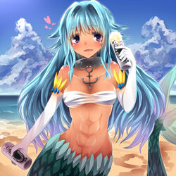  abs alcohol anchor aqua_hair beach beer blush breasts can cleavage cloud collar commentary_request dark-skinned_female dark_skin day e-co female hair_intakes heart highres levia-san long_hair medium_breasts mermaid monster_girl namiuchigiwa_no_muromi-san oerba_yun_fang open_mouth outdoors purple_eyes sky solo 