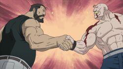  2boys alex_louis_armstrong animated animated bald beard black_hair blood facial_hair fullmetal_alchemist handlebar_mustache handshake manly moustache multiple_boys muscular non-web_source shirt sig_curtis sleeveless sleeveless_shirt sparkle topless_male 