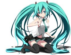  aqua_hair bare_shoulders blue_eyes blush boots clothes_lift commentary_request female hatsune_miku headset kneeling long_hair navel necktie panties skirt skirt_lift smile solo striped_clothes striped_panties suemizu_yuzuki thigh_boots thighhighs twintails underwear very_long_hair vocaloid 