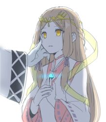  amalthus_(xenoblade) brown_hair chest_jewel circlet commentary empty_eyes fan_la_norne female hagoromo long_hair looking_at_viewer mizuki_riko shawl white_background wide_sleeves xenoblade_chronicles_(series) xenoblade_chronicles_2 xenoblade_chronicles_2:_torna_-_the_golden_country 