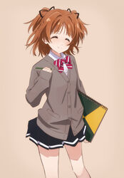  brown_background brown_hair cardigan closed_eyes commentary_request female hair_ribbon pencil pleated_skirt ribbon short_hair shoujo-tachi_wa_kouya_wo_mezasu simple_background sketchbook skirt smile solo two_side_up yamaguchi_satoshi yuuki_uguisu 