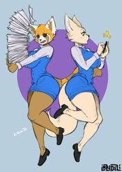  aggretsuko ailurid anthro big_breasts bodily_fluids bottomwear breasts canid canine clothed clothing duo electronics female fennec_fox fenneko footwear fox lazydez mammal open_mouth pencil_skirt phone red_panda retsuko sanrio shoes skirt sweat sweatdrop thick_thighs true_fox 