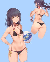  armpits ass ass_visible_through_thighs back ball bare_arms bare_shoulders beachball bikini black_bikini black_hair blue_background blunt_bangs breasts breasts_apart character_name closed_mouth collarbone commentary criss-cross_halter cropped_legs fangdan_runiu female front-tie_bikini_top front-tie_top halterneck hand_on_own_hip harukana_receive holding holding_ball long_hair multiple_views ribbon shaded_face shoulder_blades side-tie_bikini_bottom sidelocks simple_background small_breasts star_(symbol) string_bikini swimsuit thighs tooi_narumi towel towel_around_neck yellow_eyes yellow_ribbon 