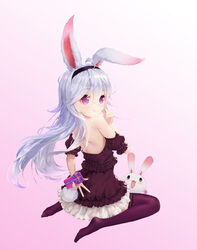  absurdres ahoge animal_ears aura_kingdom bare_shoulders commentary_request cookman female full_body gift gradient_background hairband hand_up highres long_hair looking_at_viewer no_shoes photoshop_(medium) pink_background purple_eyes purple_thighhighs rabbit rabbit_ears rabbit_tail serena_(aura_kingdom) sitting smile solo tail thighhighs valentine white_hair 