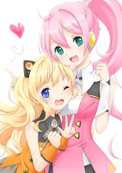  2girls bad_id bad_pixiv_id blonde_hair blue_eyes blush breasts green_eyes headphones heart index_finger_raised kanaki long_hair medium_breasts multiple_girls one_eye_closed open_mouth pink_hair ponytail seeu smile uni_(vocaloid) v vocaloid 