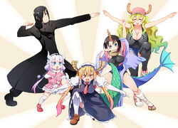  1boy 4girls :d black_hair blonde_hair blue_eyes breasts capelet chinese_commentary cleavage closed_eyes commentary_request dragon_ball dragon_ball_z dragon_girl dragon_horns dragon_tail elma_(maidragon) fafnir_(maidragon) ginyu_force_pose gradient_hair group_pose hair_bobbles hair_ornament hair_over_one_eye hairband horns horns_through_headwear huge_breasts kanna_kamui kobayashi-san_chi_no_maidragon large_breasts large_tail light_purple_hair long_hair looking_at_viewer low_twintails lucoa_(maidragon) maid medium_breasts mixed-language_commentary multicolored_hair multiple_girls open_mouth orange_eyes parody partial_commentary photoshop_(medium) pose red_eyes scales short_hair slit_pupils smile sunburst sunburst_background tail thighhighs tohru_(maidragon) trait_connection twintails xin_yu_hua_yin zettai_ryouiki 