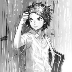  1boy bag commentary_request greyscale hs2 inazuma_eleven_(series) inazuma_eleven_go inazuma_eleven_go_galaxy lowres male_focus matatagi_hayato monochrome rain solo 