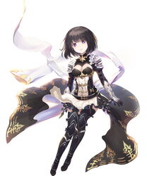  absurdres armor bad_id bad_pixiv_id black_armor black_hair black_thighhighs blush breasts eis female full_body gloves highres medium_breasts open_mouth photoshop_(medium) purple_eyes shadowverse short_hair simple_background solo sumeragi_erika_(shadowverse) thighhighs white_background 