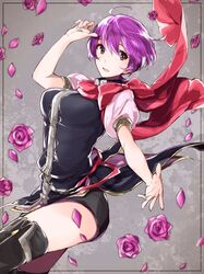  aiueo1234853 bad_id bad_twitter_id commentary dress female fire_emblem fire_emblem:_new_mystery_of_the_emblem flower grey_background grey_eyes highres katarina_(fire_emblem) open_mouth petals purple_hair red_scarf scarf short_dress short_hair solo 