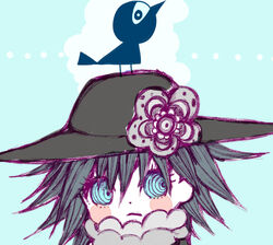  animal animal_on_head bad_id bad_pixiv_id bird bird_on_head blue_eyes blue_hair blush_stickers clara_dolls_(madoka_magica) female flower hat hat_flower mahou_shoujo_madoka_magica mahou_shoujo_madoka_magica:_hangyaku_no_monogatari on_head ranan ringed_eyes solo spiked_hair 