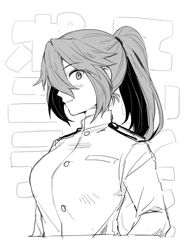  bad_id bad_pixiv_id commentary_request female female_admiral_(kancolle) greyscale ikeshita_moyuko kantai_collection long_hair military military_uniform monochrome naval_uniform ponytail shiomi_kaoru solo translated uniform 