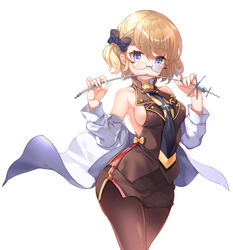  azur_lane bad_id bad_pixiv_id bare_shoulders black_pantyhose black_shirt black_skirt blonde_hair blue_eyes bow breasts collar female glasses hairbow lab_coat long_sleeves looking_at_viewer looking_over_eyewear medium_breasts miniskirt necktie off_shoulder open_mouth pantyhose pencil_skirt rimless_eyewear shiosoda shirt short_hair sideboob simple_background skirt sleeveless sleeveless_shirt solo thighs tongue vest white_background z23_(azur_lane) z23_(philosophy_sensei)_(azur_lane) 