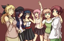  6+girls :d ^_^ amputee arm_around_shoulder arm_up armless_amputee bare_shoulders black_necktie black_ribbon blonde_hair blouse blue_eyes blue_hair brown_eyes burn_scar cane casual closed_eyes clothes_writing collarbone doodler double_amputee drill_hair glasses green_eyes green_pants hair_bobbles hair_ornament hair_over_one_eye hair_ribbon hakamichi_shizune hand_up ibarazaki_emi ikezawa_hanako imageboard_desourced katawa_shoujo long_hair looking_at_viewer mikado_shiina multiple_girls necktie non-web_source off-shoulder_shirt off_shoulder open_mouth pants pink_hair ponytail purple_eyes purple_hair red_hair ribbon satou_lilly scar school_uniform shirt short_hair shorts simple_background skirt sleeve_tied_shut smile tezuka_rin tied_sleeves twin_drills twintails waving white_cane white_shirt yamaku_high_school_uniform 