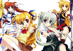  4girls absurdres ahoge bardiche_(assault_form)_(nanoha) bardiche_(nanoha) blue_eyes blush brown_hair clothes_between_thighs dress einhard_stratos fate_testarossa fate_testarossa_(true_sonic_form) fujima_takuya gloves grey_hair hand_on_own_chest happy heterochromia highres lyrical_nanoha magical_girl mahou_shoujo_lyrical_nanoha_vivid multiple_girls official_art photoshop_(medium) raising_heart raising_heart_(exceed_mode) red_eyes ribbon sacred_heart scan school_uniform side_ponytail skirt st._hilde_academy_of_magic_uniform takamachi_nanoha takamachi_nanoha_(exceed_mode) thighhighs twintails vivio 