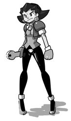  atomictiki cropped_jacket crotch_plate earrings female gloves greyscale hair_slicked_back highres jewelry long_legs mega_man_(series) mega_man_legends_(series) monochrome pantyhose pigeon-toed short_hair skull solo tron_bonne_(mega_man) wrench 