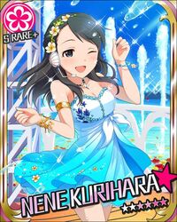  ;d artist_request black_hair blue_eyes bracelet card_(medium) character_name dress female flower_(symbol) headphones idolmaster idolmaster_cinderella_girls jewelry kurihara_nene long_hair official_art one_eye_closed open_mouth smile solo water 