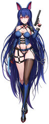  animal_ears arm_at_side armor ass_visible_through_thighs bad_id bad_pixiv_id bandolier barcode barcode_tattoo bat_ears belt belt_buckle belt_pouch black_footwear black_panties blue_belt blue_footwear blue_hair boots bracelet breasts brown_thighhighs buckle chains claw_(weapon) cleavage closed_mouth collarbone commentary_request corset criss-cross_halter crossed_legs detached_sleeves electricity fake_animal_ears fangs female full_body greem_bang gun hair_between_eyes hair_intakes halterneck handgun highleg highleg_panties highres holding holding_gun holding_weapon jewelry knee_boots large_breasts legs long_hair long_legs looking_at_viewer nail_polish navel o-ring original panties pauldrons pink_eyes pouch pubic_tattoo red_nails shiny_skin shoulder_armor sidelocks simple_background single_bare_shoulder single_pauldron single_thighhigh skindentation smile solo standing suppressor tattoo thigh_gap thigh_strap thighhighs trigger_discipline underwear very_long_hair walther_p22 watson_cross weapon white_background 