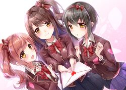  3girls :d black_hair blazer blue_skirt blush bow bowtie brown_hair brown_jacket commentary_request dutch_angle green_hair grey_shirt hairband idolmaster idolmaster_cinderella_girls idolmaster_cinderella_girls_starlight_stage igarashi_kyoko jacket kohinata_miho letter looking_at_viewer love_letter love_letter_(idolmaster) miniskirt multiple_girls one_side_up open_clothes open_mouth open_shirt petals pink_check_school_(idolmaster) pleated_skirt red_bow red_bowtie red_hairband sakura_ran school_uniform shimamura_uzuki shirt short_hair side_ponytail skirt smile yellow_eyes 