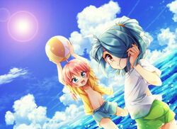  2boys aichi_shiho arched_back bad_id bad_pixiv_id ball beachball blue_eyes blue_hair cloud crossover day dutch_angle hair_over_one_eye inazuma_eleven inazuma_eleven_(series) inazuma_eleven_go kazemaru_ichirouta kirino_ranmaru lens_flare long_hair looking_back male_focus multiple_boys navel open_clothes pink_hair ponytail shorts time_paradox twintails water 