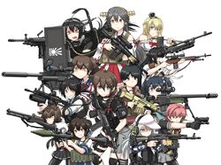  6+girls ai_aw-50 aiming ak-74m ammunition ammunition_belt ammunition_pouch anti-materiel_rifle assault_rifle battle_rifle benelli_m4 bipod black_gloves black_hair blonde_hair blue_sailor_collar bolt_action bren_lmg brown_hair bulletproof_vest camouflage camouflage_jacket chest_rig combat_shotgun commentary_request cowboy_shot double-parted_bangs ear_protection finger_on_trigger fn_mk_46 fn_scar_17 folding_stock foregrip gloves grenade_launcher gun gun_sling h&amp;k_hk416 h&amp;k_mp7 h&amp;k_usp hair_between_eyes handgun handle haruna_(kancolle) hatsuzuki_(kancolle) headgear heckler_&amp;_koch hibiki_(kancolle) highres howa_type_89 jacket kaga_(kancolle) kako_(kancolle) kalashnikov_rifle kantai_collection kinu_(kancolle) light_machine_gun load_bearing_vest long_bangs long_hair long_sleeves m21 m320 maaranto md5_mismatch miyuki_(kancolle) mk48 mogami_(kancolle) multiple_girls nagato_(kancolle) pouch red_ribbon remington_model_700 remodel_(kantai_collection) ribbon ribbon_trim rifle rifle_cartridge rising_sun_flag rocket_launcher rpg-7 rpg_(weapon) sailor_collar school_uniform scope serafuku shield shigure_(kancolle) short_hair short_sleeves shotgun shouhou_(kancolle) simple_background single_stripe sleeve_cuffs sniper_rifle souryuu_(kancolle) striped submachine_gun sunburst underbarrel_grenade_launcher upper_body urban_camouflage verniy_(kancolle) verniy_(saury_festival)_(kancolle) vertical_foregrip vest warspite_(kancolle) weapon weapon_request white_background white_headwear 