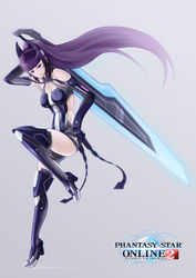  bodysuit cleavage heels minus_ion phantasy_star_online_2 sword thighhighs 