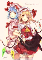  2girls artist_name ascot bat_wings beige_background blonde_hair blue_hair blush bow breasts collarbone commentary_request cowboy_shot crystal dated dress flandre_scarlet frilled_shirt_collar frills grabbing_another&#039;s_wing hair_between_eyes hat hat_ribbon head_tilt highres locked_arms long_hair looking_at_another looking_at_viewer miniskirt mob_cap multiple_girls one_side_up petticoat pink_dress pink_hat puffy_short_sleeves puffy_sleeves red_ascot red_bow red_eyes red_ribbon red_skirt red_vest remilia_scarlet ribbon sakusyo shirt short_dress short_hair short_sleeves siblings signature simple_background sisters skirt skirt_set small_breasts smile standing thighhighs touhou vest white_hat white_legwear white_shirt wings wrist_cuffs yellow_ascot zettai_ryouiki 