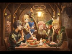  3girls 4boys ahoge animal_ears armor bad_id bad_pixiv_id beer_mug blush boned_meat bridal_gauntlets coin commentary cup dress faceless feeding food fushimi_gaku green_eyes hat highres hood kenmochi_touya letterboxed long_hair meat mononobe_alice mug multiple_boys multiple_girls nijisanji oerba_yun_fang open_mouth otoko_no_ko pink_hair serving shibuya_hajime short_hair soup spilling suzuya_aki tavern tray virtual_youtuber witch_hat wizard_hat yama_naosuke yuuhi_riri yuuki_chihiro 