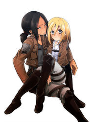  2girls boots commentary_request emblem freckles fulunukko krista_lenz multiple_girls pants paradis_military_uniform shingeki_no_kyojin short_hair sitting sitting_on_lap sitting_on_person training_corps_(emblem) uniform white_background ymir_(shingeki_no_kyojin) 