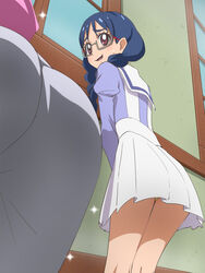  2girls ass blue_hair braid glasses go!_princess_precure haruyama_kazunori long_hair multiple_girls nanase_yui noble_academy_school_uniform panties precure red_eyes school_uniform skirt smile twin_braids underwear 