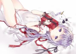  ahoge azur_lane blush china_dress chinese_clothes covered_navel covering_face dress frown hair_bun hair_ribbon lavender_hair long_hair looking_at_viewer lying object_hug on_back purple_eyes qlakwnd ribbon solo stuffed_alicorn stuffed_animal stuffed_toy unicorn_(azur_lane) white_dress white_legwear 