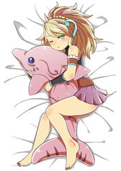  animal blonde_hair blue_eyes commentary_request dakimakura_(medium) diti_(selecta) dolphin duel_monster female multicolored_hair on_bed purple_hair ritual_beast_tamer_wen skirt solo spiritual_beast_pettlephin white_eyes yu-gi-oh! 