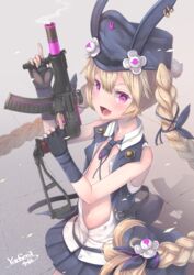  :d animal_ears animal_hat arm_up black_gloves blonde_hair blue_hat blue_necktie blue_ribbon blue_skirt blue_vest blush braid commentary_request dress_shirt female fingerless_gloves girls&#039;_frontline gloves gun hair_between_eyes hair_ribbon hand_up hat holding holding_gun holding_weapon jacket long_hair looking_at_viewer name_connection navel necktie object_namesake oerba_yun_fang open_clothes open_jacket open_mouth open_shirt peaked_cap pleated_skirt purple_eyes rabbit_ears rabbit_hat ribbon shirt short_necktie signature skirt smile smoke solo sr-3mp sr-3mp_(girls&#039;_frontline) standing trigger_discipline twin_braids twintails v-shaped_eyebrows very_long_hair vest weapon white_shirt yaosera 