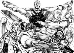  5boys commentary_request female greyscale highres hokuto_no_ken monochrome multiple_boys outstretched_arms rei_(hokuto_no_ken) shin_(hokuto_no_ken) shu_(hokuto_no_ken) souther sword-dream tenshou_juuji_hou yuda_(hokuto_no_ken) yuria_(hokuto_no_ken) 