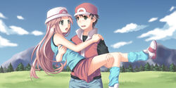  1boy blush brown_hair carrying commentary_request day female hat kamifish leaf_(pokemon) long_hair outdoors photoshop_(medium) pokemon pokemon_frlg porkpie_hat princess_carry red_(pokemon) sky surprised 