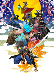  2boys 4girls animal_ears armor black_hair bow_(weapon) breasts brown_eyes brown_hair cleavage comb commentary_request egasumi flower fox_ears gauntlets hadanugi_dousa hair_flower hair_ornament helmet highres holding holding_sword holding_weapon japanese_armor japanese_clothes kabuto_(helmet) katana kimono kisuke kongiku kote kurokote kusazuri lantern leaf leaf_on_head left-handed long_hair looking_back medium_breasts momohime momohime_(hitodama) multiple_boys multiple_girls nichiq ninja oboro_muramasa oil-paper_umbrella open_clothes open_kimono ponytail possessed reverse_grip samurai sandals scarf short_kimono shoulder_armor skull sode striped striped_leggings suneate sword tassel thighhighs torahime umbrella weapon white_hair yagyuu_yukinojou yuzuruha 