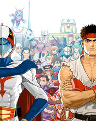  6+boys 6+girls alex_(street_fighter) annotation_request bodysuit boyakki capcom casshern casshern_(series) chun-li crossover doronjo everyone gatchaman gold_lightan gyakuten!_ippatsuman hakushon_daimaou hakushon_daimaou_(series) hariken_polymar ichimonji_batsu ippatsuman jun_the_swan justice_gakuen kaijin_no_souki karas ken_the_eagle lost_planet mega_man_(classic) mega_man_(series) mega_man_legends_(series) mega_man_volnutt mori_toshiaki morrigan_aensland multiple_boys multiple_girls official_art omokane_saki onimusha onimusha:_dawn_of_dreams otoha_(karas) ougon_senshi_gold_lightan partially_annotated polymar ptx-40a quiz_nanairo_dreams robot_hunter_casshern roll_(mega_man) ryu_(street_fighter) shiritsu_justice_gakuen street_fighter takada_gan tatsunoko_pro tatsunoko_vs_capcom tekkaman_(character) time_bokan_(series) tonzura uchuu_no_kishi_tekkaman vampire_(game) viewtiful_joe viewtiful_joe_(character) white_bodysuit yatterman 