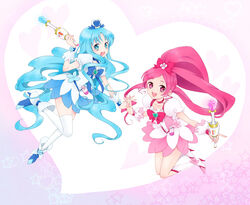  2girls bad_id bad_pixiv_id blue_choker blue_eyes blue_hair blue_skirt boots bow brooch choker cure_blossom cure_marine flower_tact hanasaki_tsubomi heart heart_brooch heartcatch_precure! high_ponytail holding_hands interlocked_fingers jewelry knee_boots kurumi_erika magical_girl multiple_girls omari pink_bow pink_choker pink_eyes pink_hair precure skirt thighhighs wand 