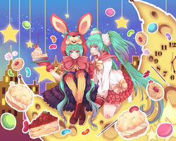  2girls animal_ears animal_hat aqua_eyes aqua_hair bad_id bad_pixiv_id bandaid bandaid_on_knee bandaid_on_leg boots building cake candy clock clone cookie cream_puff crescent food fork hat hatsune_miku jelly_bean lol_-lots_of_laugh-_(vocaloid) long_hair macaron multiple_girls night pastry pocky rabbit_ears sichol-bell sitting star_(symbol) striped twintails vocaloid 