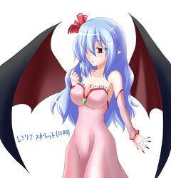  aged_up alternate_hairstyle bad_id bad_pixiv_id bare_shoulders bat_wings bella1202 blue_hair breasts cleavage colored_eyelashes commentary_request detached_sleeves dress eyelashes female fingernails hair_over_one_eye hair_ribbon long_fingernails long_hair medium_breasts nail_polish pointy_ears red_eyes red_nails remilia_scarlet ribbon solo touhou wings 