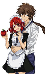  1boy alternate_costume apple bad_id bad_pixiv_id cecily_cambell commentary_request enmaided female food fruit fujimura_ayumi holding holding_food holding_fruit kaichou_wa_maid-sama! luke_ainsworth maid maid_headdress mikan_(tripletriple) okamoto_nobuhiko parody red_eyes red_hair seiken_no_blacksmith voice_actor_connection 