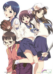  4girls absurdres baseball baseball_bat baseball_cap baseball_mitt blue_eyes blue_hair bob_cut braid brown_eyes brown_hair flower glasses hair_flower hair_ornament hairclip hat hat_tip highres japanese_clothes kawashima_noe koutaro long_hair midriff multiple_girls ogasawara_akiko photoshop_(medium) scan school_uniform serafuku short_hair suzukawa_koume taishou_yakyuu_musume tsukubae_tomoe 