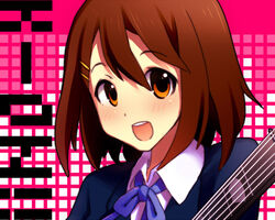  aobara brown_eyes brown_hair close-up commentary_request female guitar hirasawa_yui instrument k-on! sakuragaoka_high_school_uniform school_uniform short_hair solo 