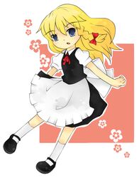  apron bad_id bad_pixiv_id blonde_hair blue_eyes bow braid dress female flower hairbow kirisame_marisa kneehighs socks solo touhou tsumura_z 