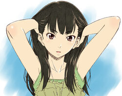  adjusting_hair armpits arms_behind_head arms_up blush brown_eyes brown_hair chiba_saori commentary_request female hourou_musuko jewelry long_hair necklace sawa_jaaji solo 